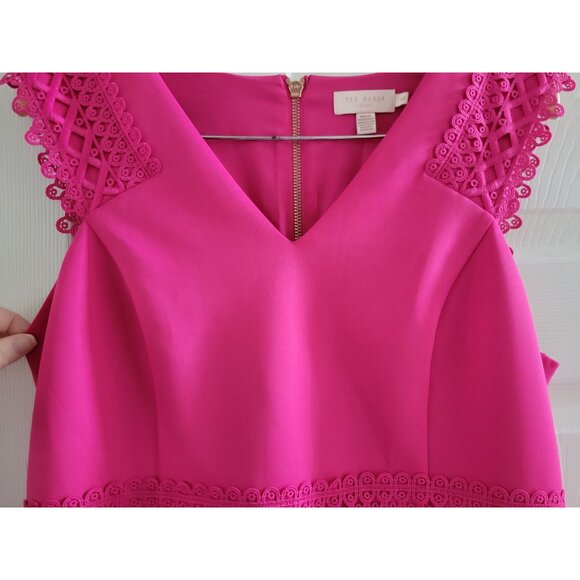 Ted Baker Hot Pink Cocktail Skater Mini Dress Size XL Lace Scuba Party Event - Picture 4 of 9